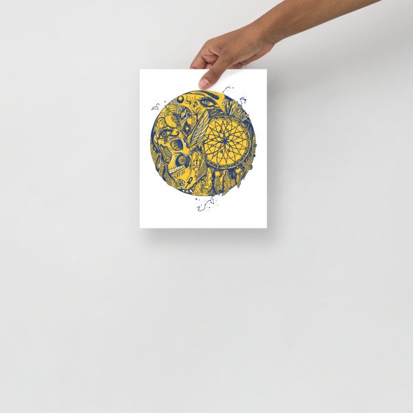 Navy Yellow Skull Artwork "Skull and Dreamcatcher Circle" Skull Drawing - Image 3