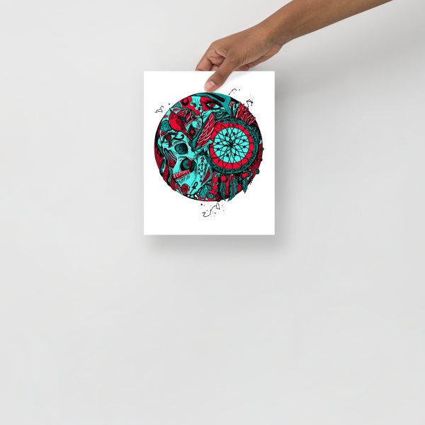 Turquoise Red Skull Artwork "Skull and Dreamcatcher Circle" Skull Drawing - Image 3