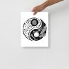 Hand-drawn feather yin yang art print with intricate black and white pen and ink linework