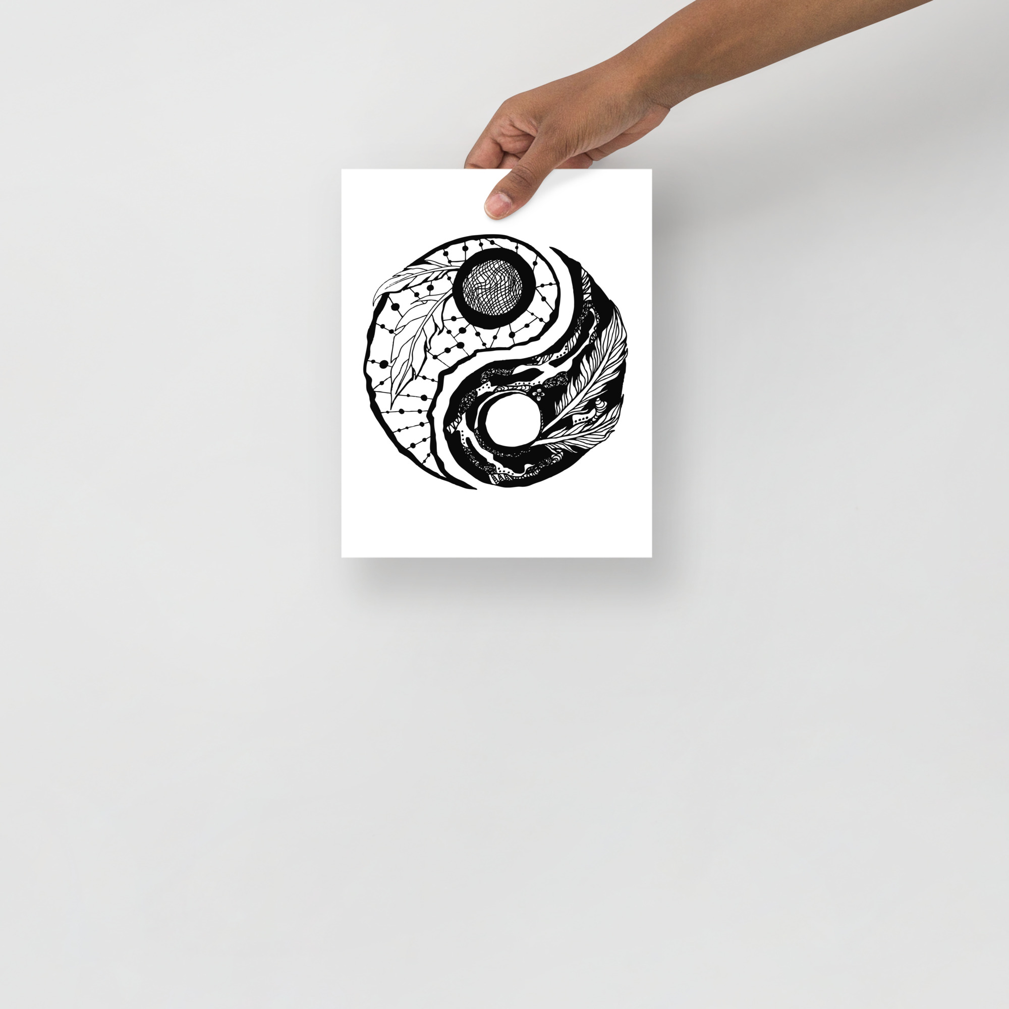 Black and white hand-drawn feather yin yang art print with intricate pen and ink line work