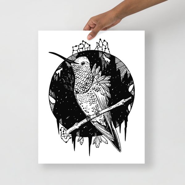 Gazing hummingbird wall art in pen and ink on bristol board capturing watchful stillness