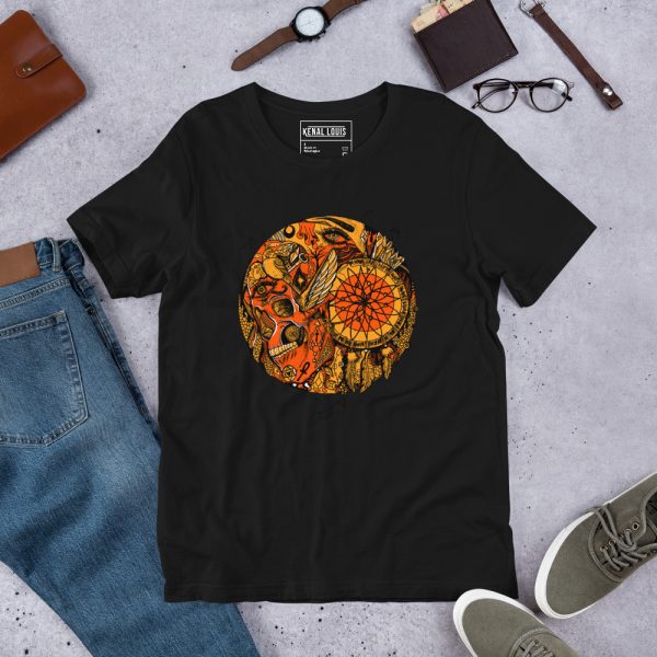 Orange and black gothic skull graphic t-shirt with mystical sacred skull design on cotton tee