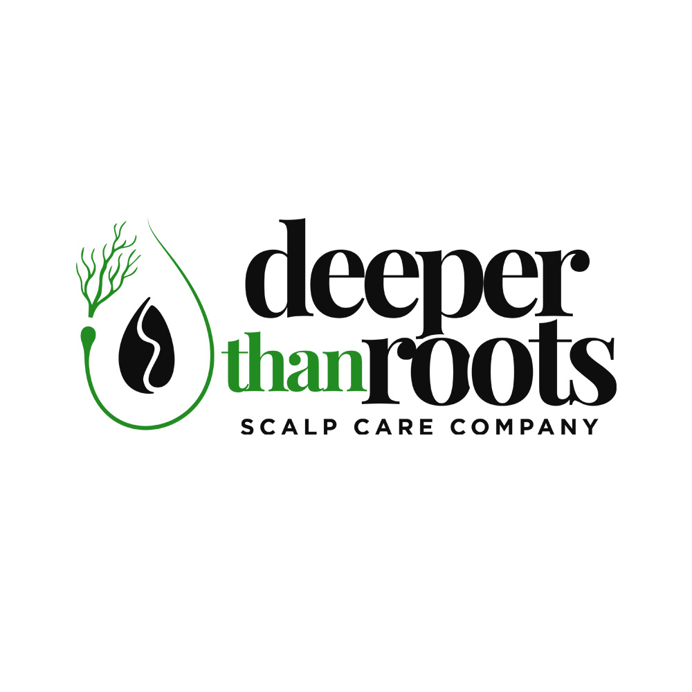Logo artist creation for Deeper Than Roots scalp care company with organic droplet design incorporating natural hair elements