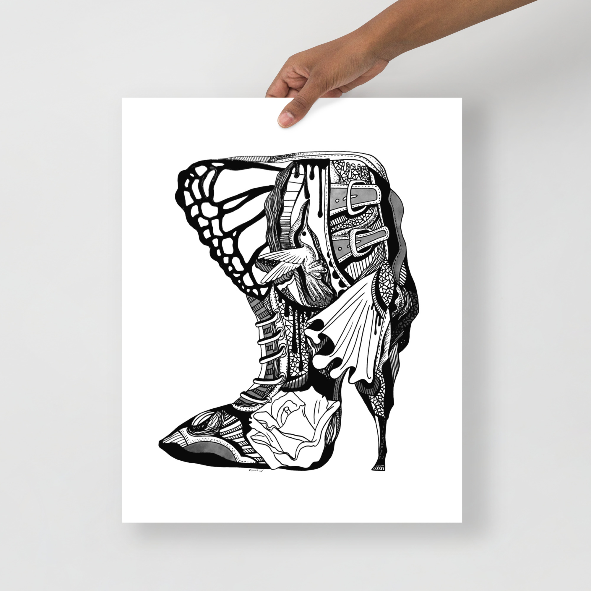 Minimal matte art print of hummingbird high heel boots displayed on a wall