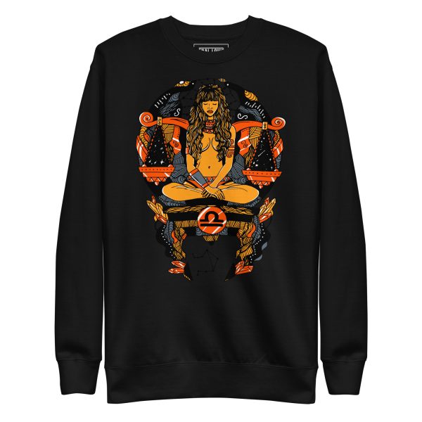 Women's Libra zodiac sweatshirt in orange and black with ribbed crew neck and long sleeves