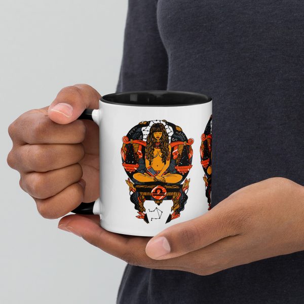 Orange and black Libra zodiac coffee mug with colorful rim and handle