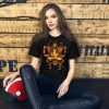 Women's Libra zodiac t-shirt in orange and black featuring a divine balance scales design