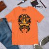 Women's Libra zodiac t-shirt in orange and black with divine balance design