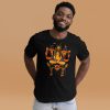 Women's Libra zodiac t-shirt in orange and black featuring a divine balance design