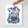 Grey cat drawing titled Magical Cat of Fortune on matte museum-quality art print
