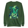 Green cat drawing sweatshirt with magical cat of fortune design and ribbed crew neck