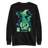 Green cat drawing sweatshirt with ribbed crew neck and soft fleece interior shown from a side angle