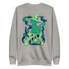 Green cat drawing graphic on a soft fleece crew neck sweatshirt with ribbed cuffs