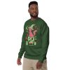 Pink and green magical cat of fortune sweatshirt with ribbed crew neck and soft fleece interior