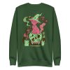 Pink and green cat sweatshirt with Magical Cat of Fortune drawing and ribbed crew neck