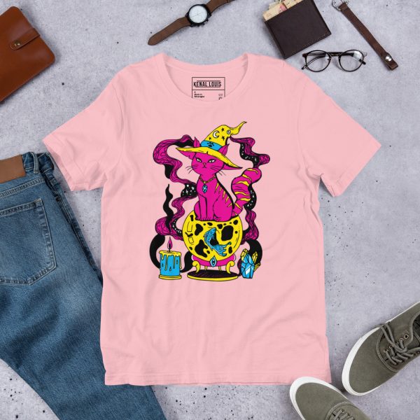 Pink cat t-shirt featuring the Magical Cat of Fortune design in soft cotton