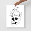 Minimal matte art print featuring a magical cat and skull drawing for wall decor