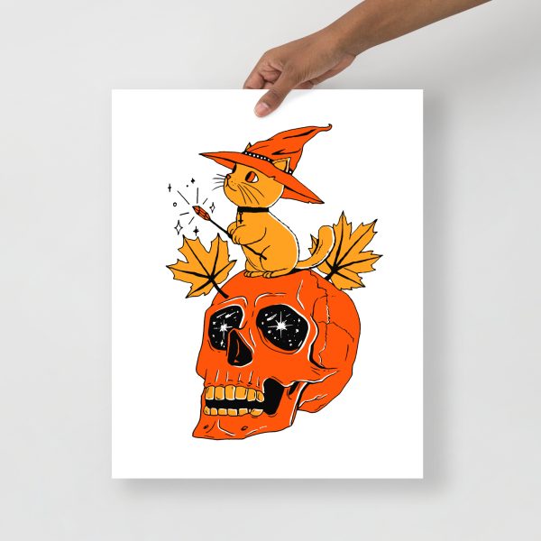 Black and orange magical cat and skull cat art print on matte paper