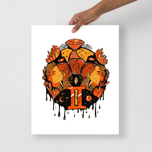 Orange wall art print featuring a mystic Gemini zodiac design on matte museum-quality paper