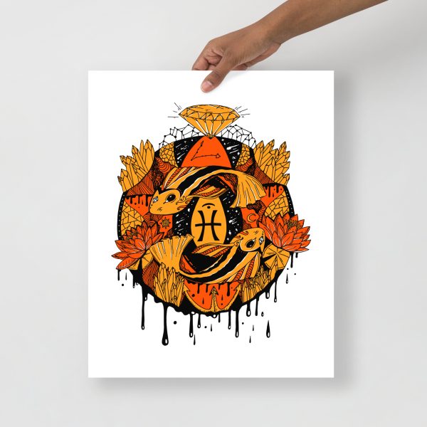 Orange wall art print featuring an abstract Mystic Pisces Motion design on matte museum-quality paper