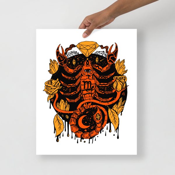 Orange wall art print featuring a minimal mystic Scorpio zodiac design on matte museum-quality paper