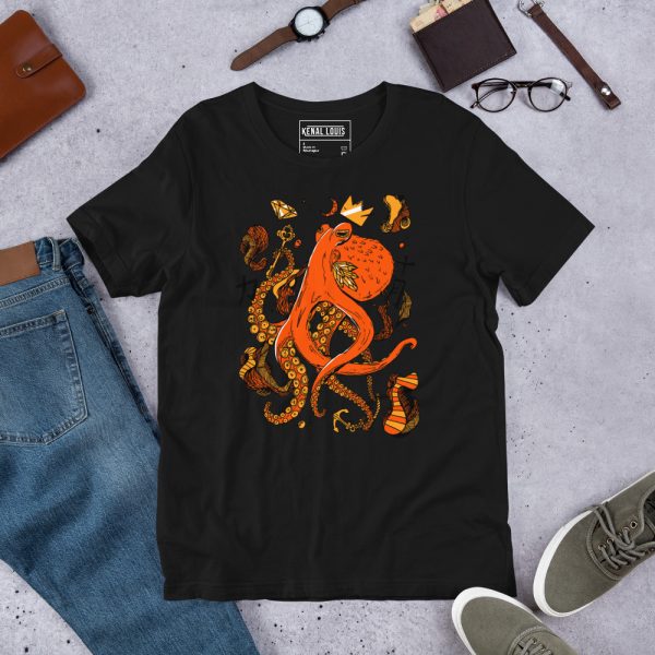Mystical octopus t-shirt featuring orange and black ocean spirit animal art on soft cotton tee