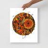 Orange and black gothic mystical skull art print with sacred gem accents for wall decor