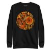 Gothic mystical skull sweatshirt in orange and black with sacred gem design and ribbed crew neck
