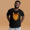 Black and orange Mystical Wildcat t-shirt in soft ring-spun cotton, shown from a back angle