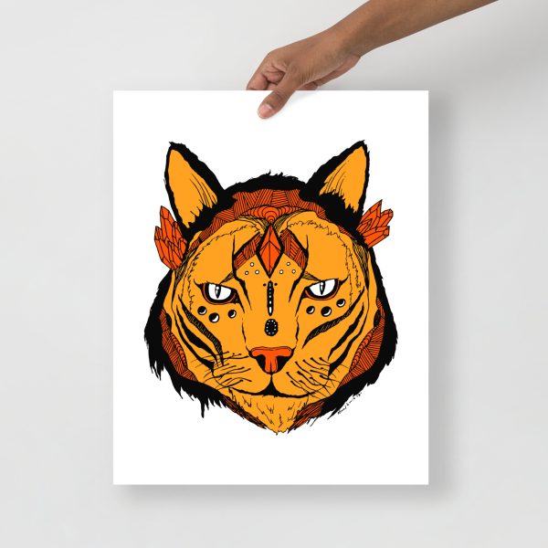 Mystical Wildcat orange wall art print on thick matte paper, framed accent for home or office decor