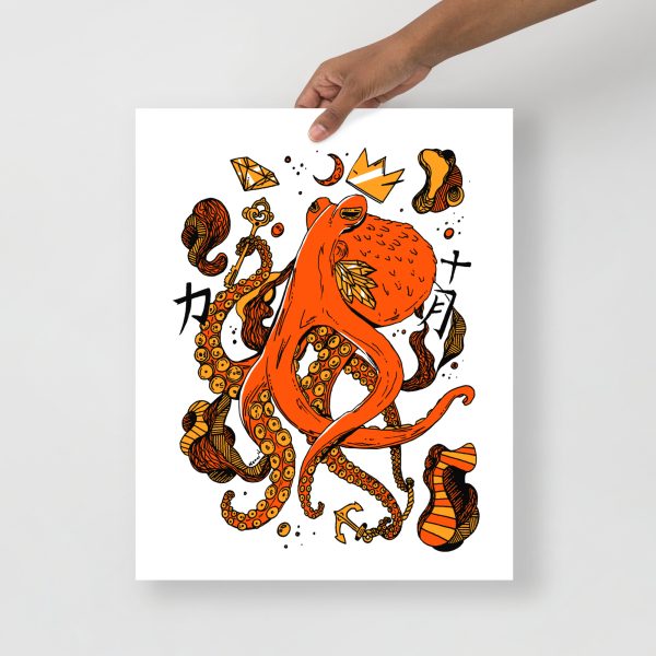 Mystical octopus abstract art print in orange tones on matte museum-quality paper for wall decor