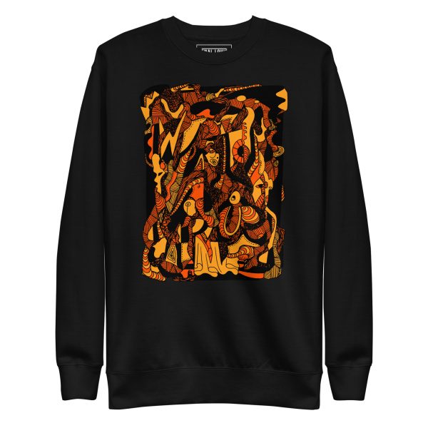 Orange and black abstract sweatshirt with ribbed crew neck and long sleeves for fall streetwear