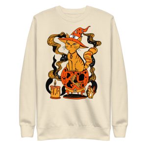 Orange cat sweatshirt featuring Magical Cat of Fortune design with ribbed crew neck and long sleeves