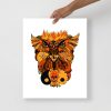 Orange wall art print featuring a wise owl and ageless skull on matte museum-quality paper