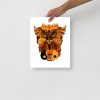 Orange wall art print featuring a wise owl and ageless skull on matte museum-quality paper