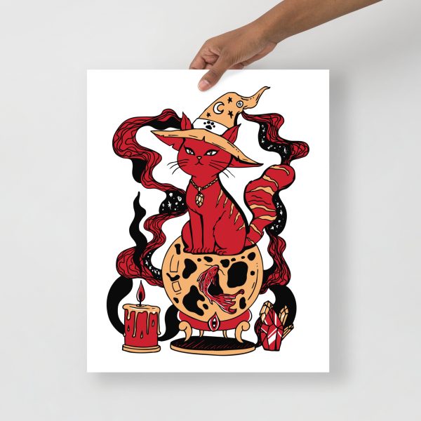 Magical Cat of Fortune red cat art print in red and cream on matte museum-quality paper