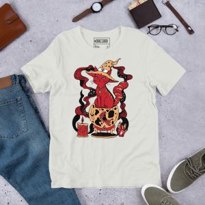 Red cat shirt featuring a magical cat of fortune graphic design on soft cotton tee