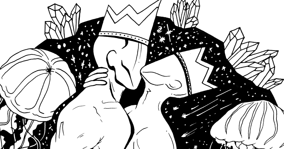 Romantic couple art close-up showing two crowned figures sharing a tender moment within a cosmic circle, adorned with crystal formations and starry night sky in intricate black and white line work
