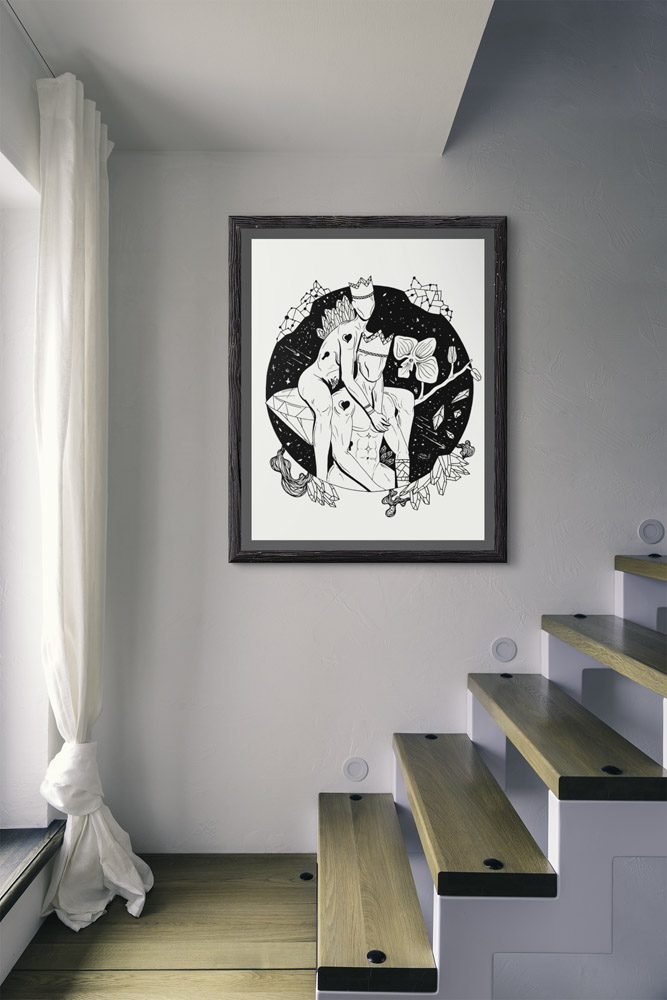 Couple art drawing showing an intimate embrace between two figures with decorative floral and geometric patterns in pen and ink style, framed and mounted on a modern stairway wall