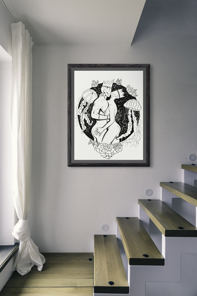 Couple art drawing featuring embracing figures with jellyfish and ocean-inspired elements in black and white line art style, shown in a dark frame against a minimalist wall