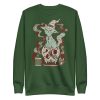 Sage green cat sweatshirt with Magical Cat of Fortune drawing and ribbed crew neck