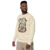 Sage green cat sweatshirt featuring Magical Cat of Fortune drawing with ribbed crew neck and fleece fit