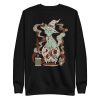 Sage green cat sweatshirt with Magical Cat of Fortune drawing and ribbed crew neck