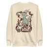 Sage green cat sweatshirt with Magical Cat of Fortune drawing and ribbed crew neck