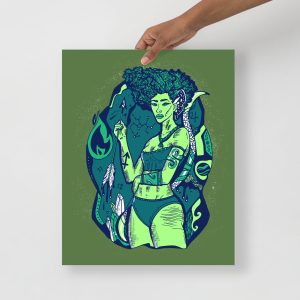 Green Sagittarius goddess art print on matte museum-quality paper for chic wall decor