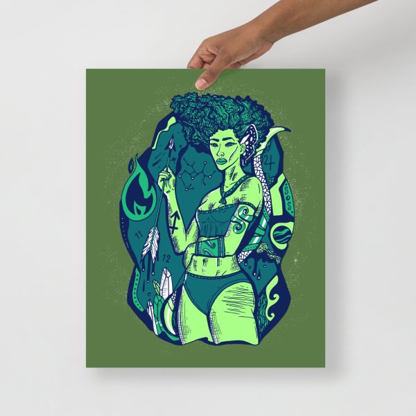 Green Sagittarius goddess art print on matte museum-quality paper for chic wall decor