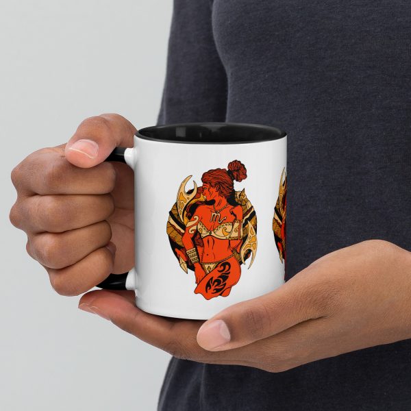 Orange and black Scorpio coffee mug with female warrior zodiac design and colorful rim