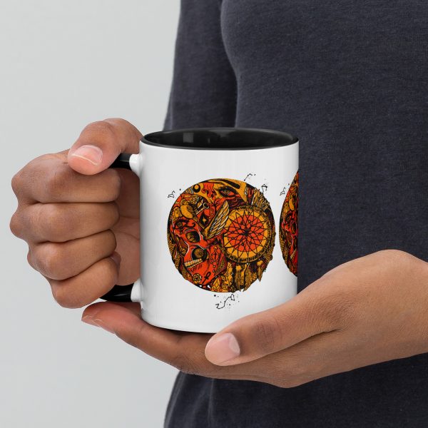 Orange and black gothic sacred skull coffee mug with colorful rim and handle