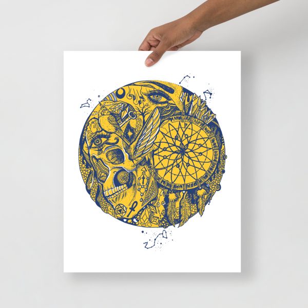Navy and yellow skull and dreamcatcher circle artwork print on matte museum-quality paper