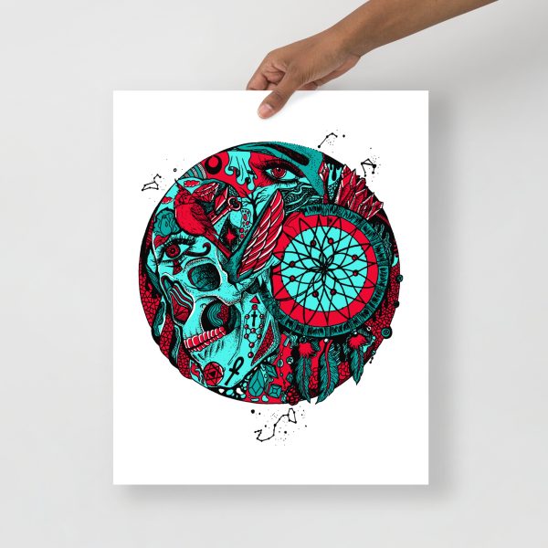 Turquoise and red skull and dreamcatcher circle art print on matte museum-quality paper